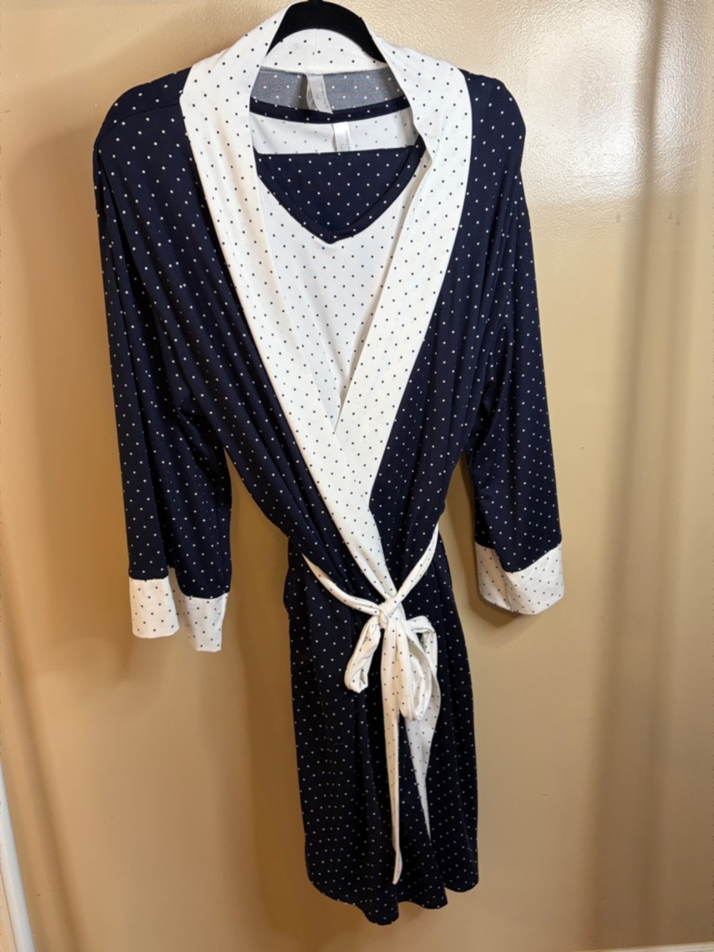 Flora Nikrooz 3-Piece Pajama Set Navy Polka Dot Robe Cami Pants Large NWOT